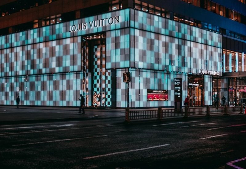 Louis Vuitton-Beijing Shopping-Beijing A large Louis Vuitton boutique with a blue LED exterior.