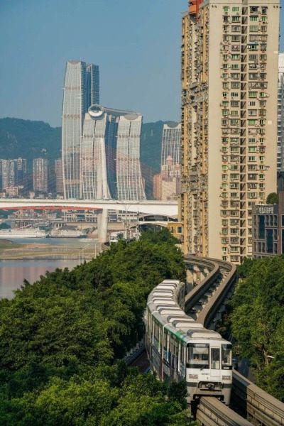View 3-Liziba Station-Chongqing The subway train is slowly approaching Liziba Metro Station in Chongqing from a distance.