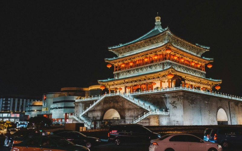 View 6-Bell Tower-Xi’an The Xi'an Bell Tower illuminated at night.