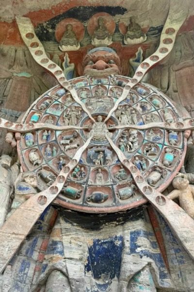 Wheel of Six Realms-Dazu Rock Carvings-Chongqing The Wheel of Six Realms at the Dazu Rock Carvings in Chongqing.