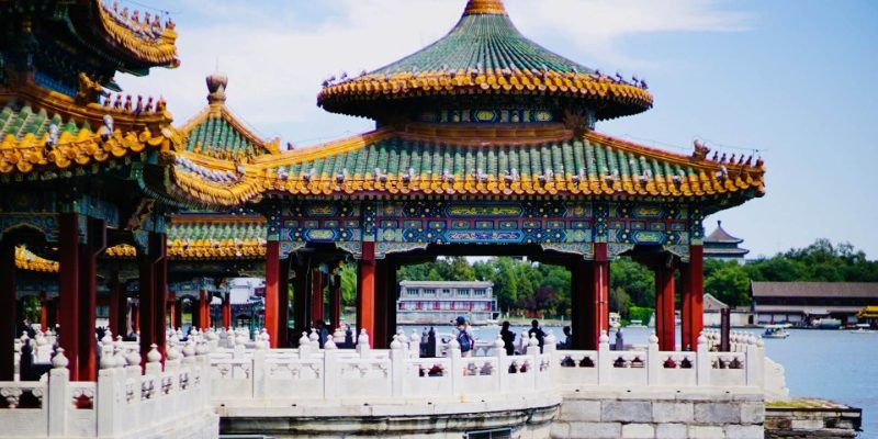 lake-Beihai Park-Beijing Visitors are admiring the lake view of Beihai Park from the Five-Dragon Pavilion.